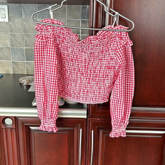 ZARA red/white stretch gingham smocked top size small - Picture 10 of 11